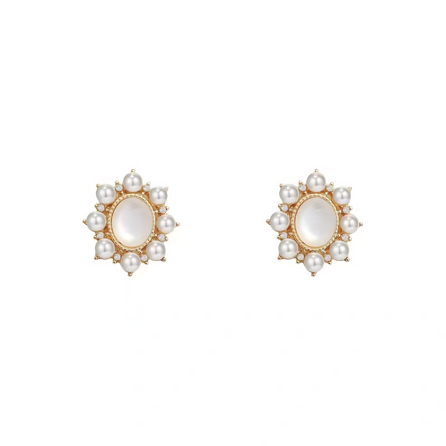 Pair of gold-tone stud earrings featuring a centered, oval mother-of-pearl stone, surrounded by a cluster of small pearls and tiny diamonds.