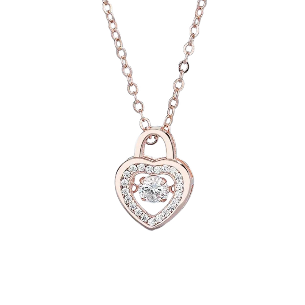 Heart-shaped pendant necklace with a lock design and small diamonds