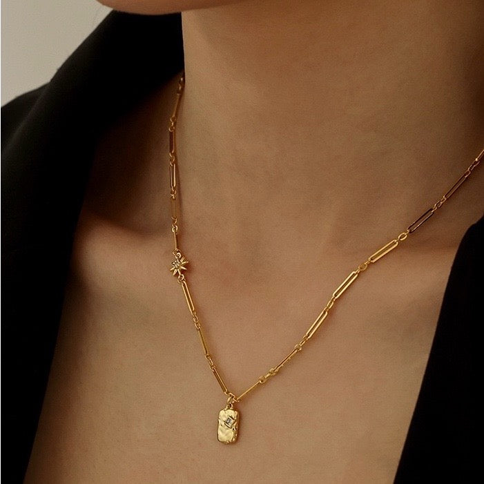 Zircon Rectangle Charm Chain Necklace - Image #0