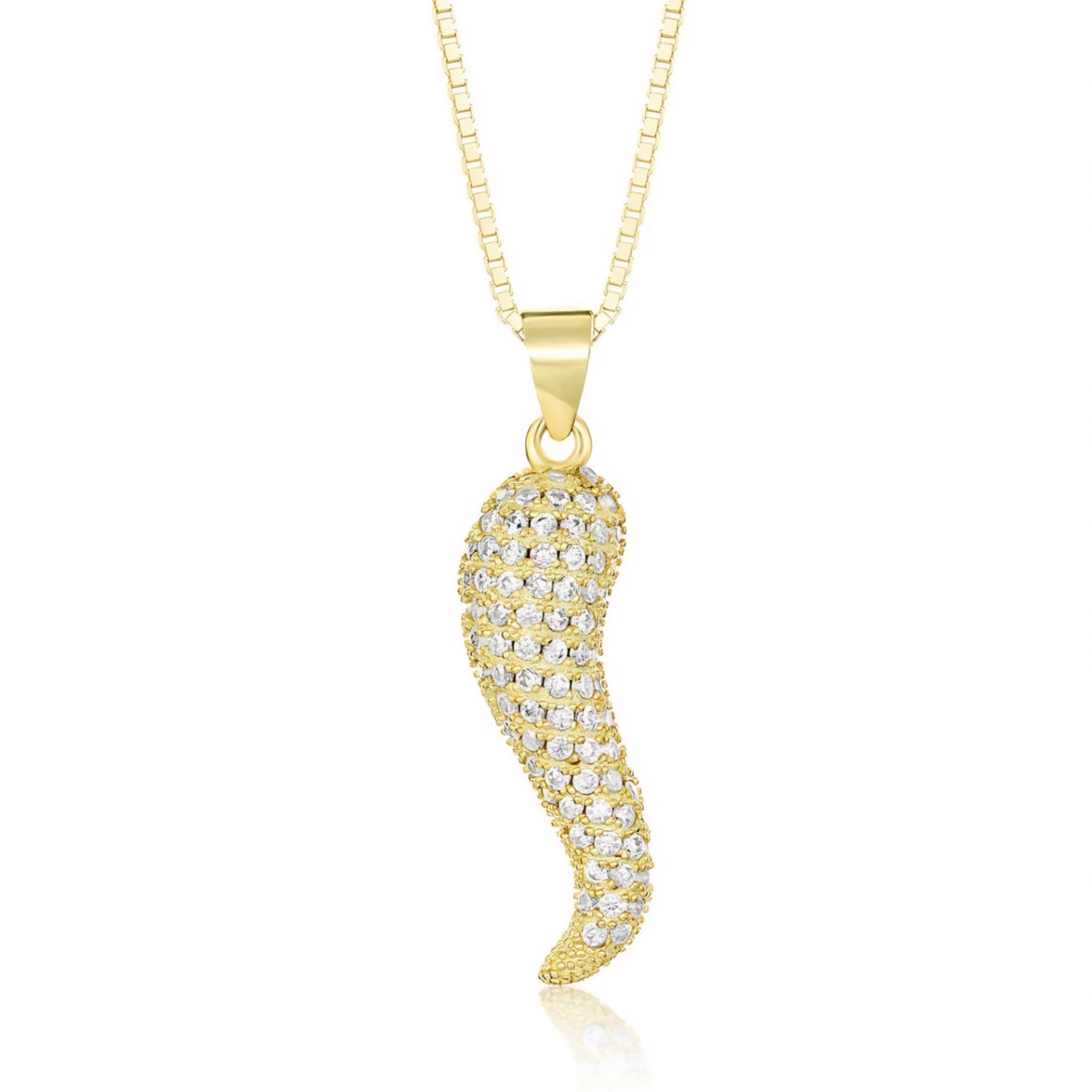 Gold necklace with a horn-shaped pendant, studded with small diamond.