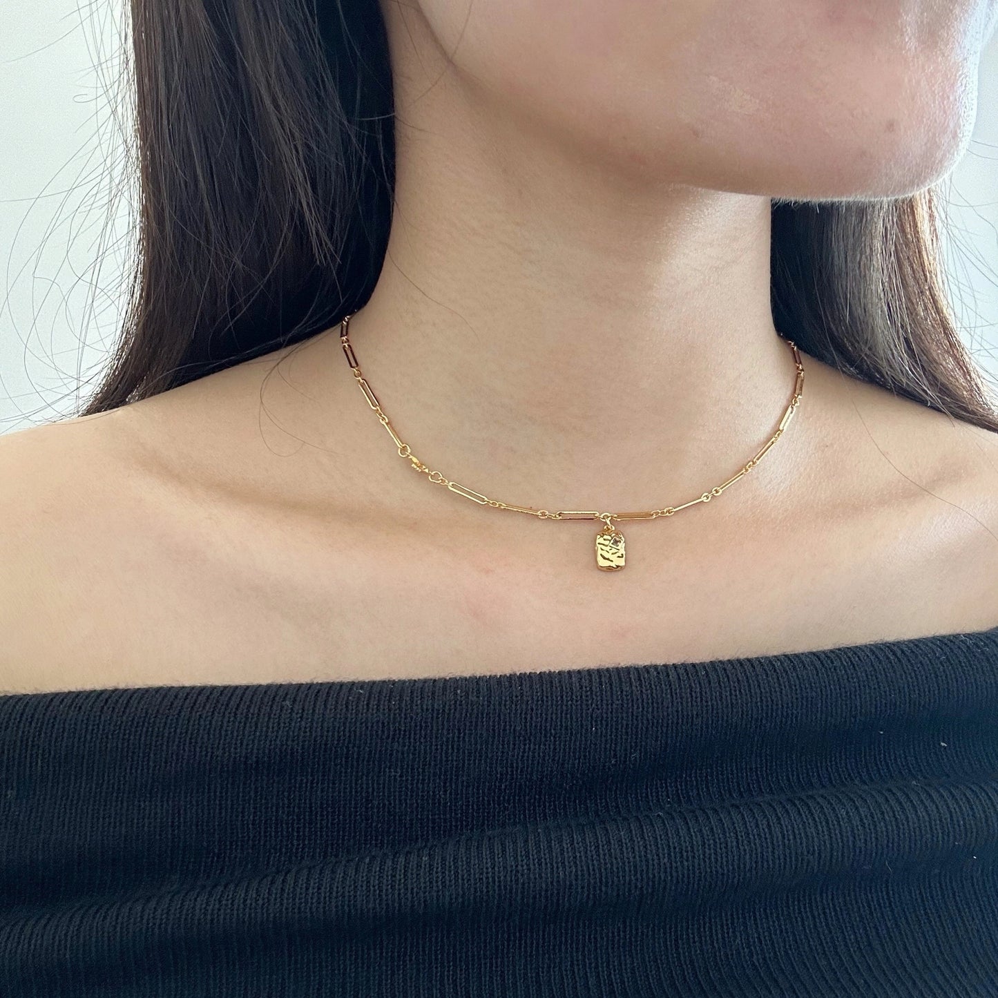 Zircon Rectangle Charm Chain Necklace - Image #0