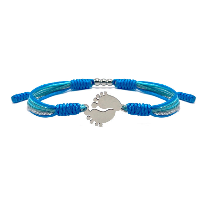 Blue bracelet with a baby feet charm.