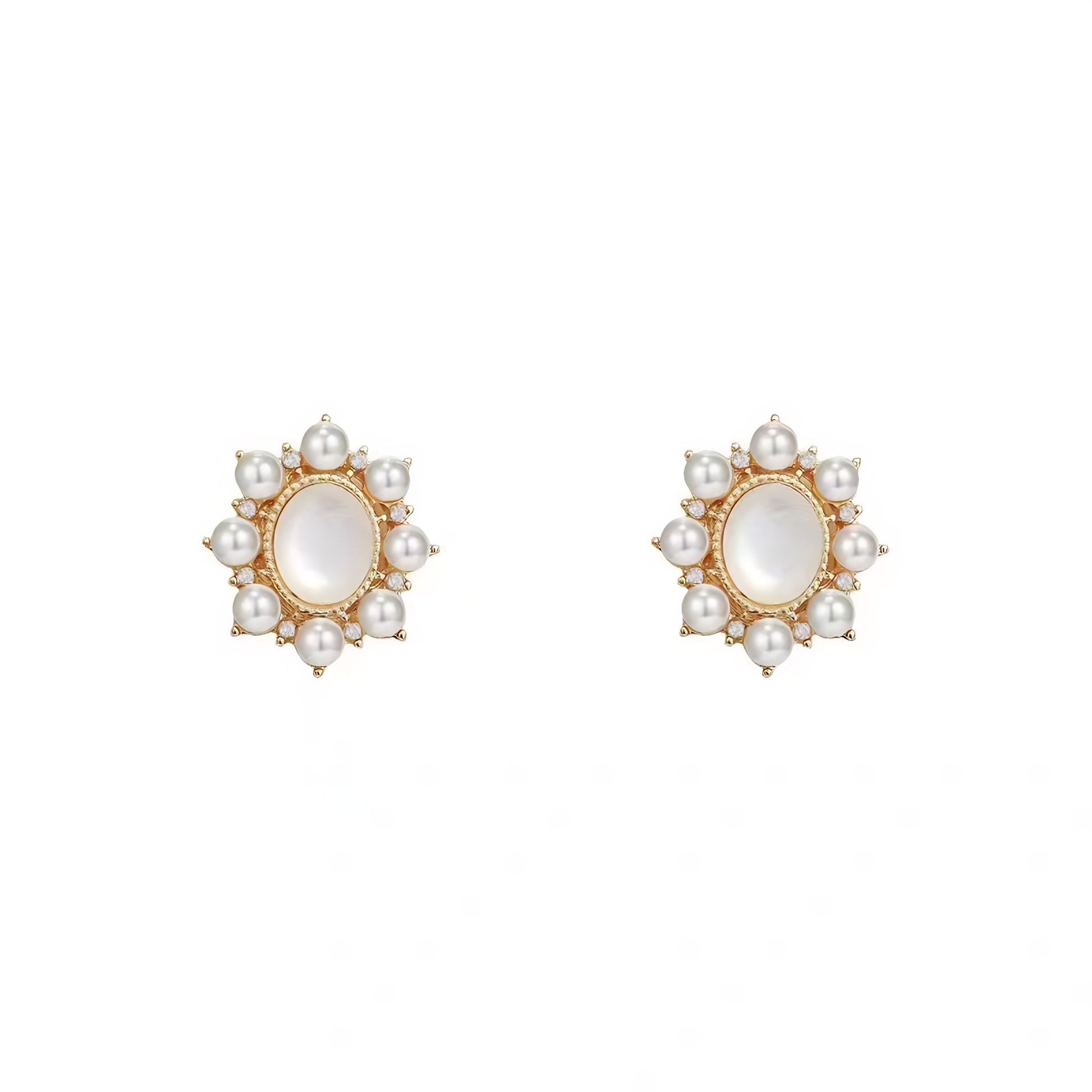 Pair of gold-tone stud earrings featuring a centered, oval mother-of-pearl stone, surrounded by a cluster of small pearls and tiny diamonds.
