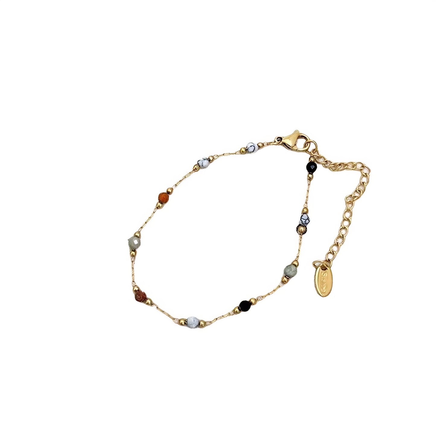 Gold-toned beaded bracelet with various colored and patterned beads.