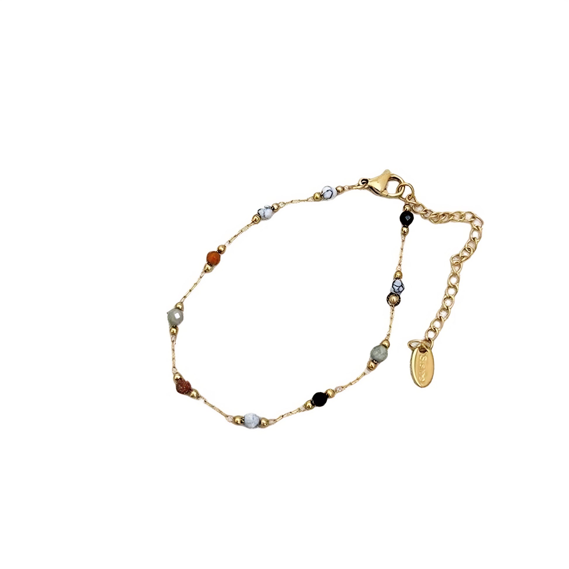 Gold-toned beaded bracelet with various colored and patterned beads.