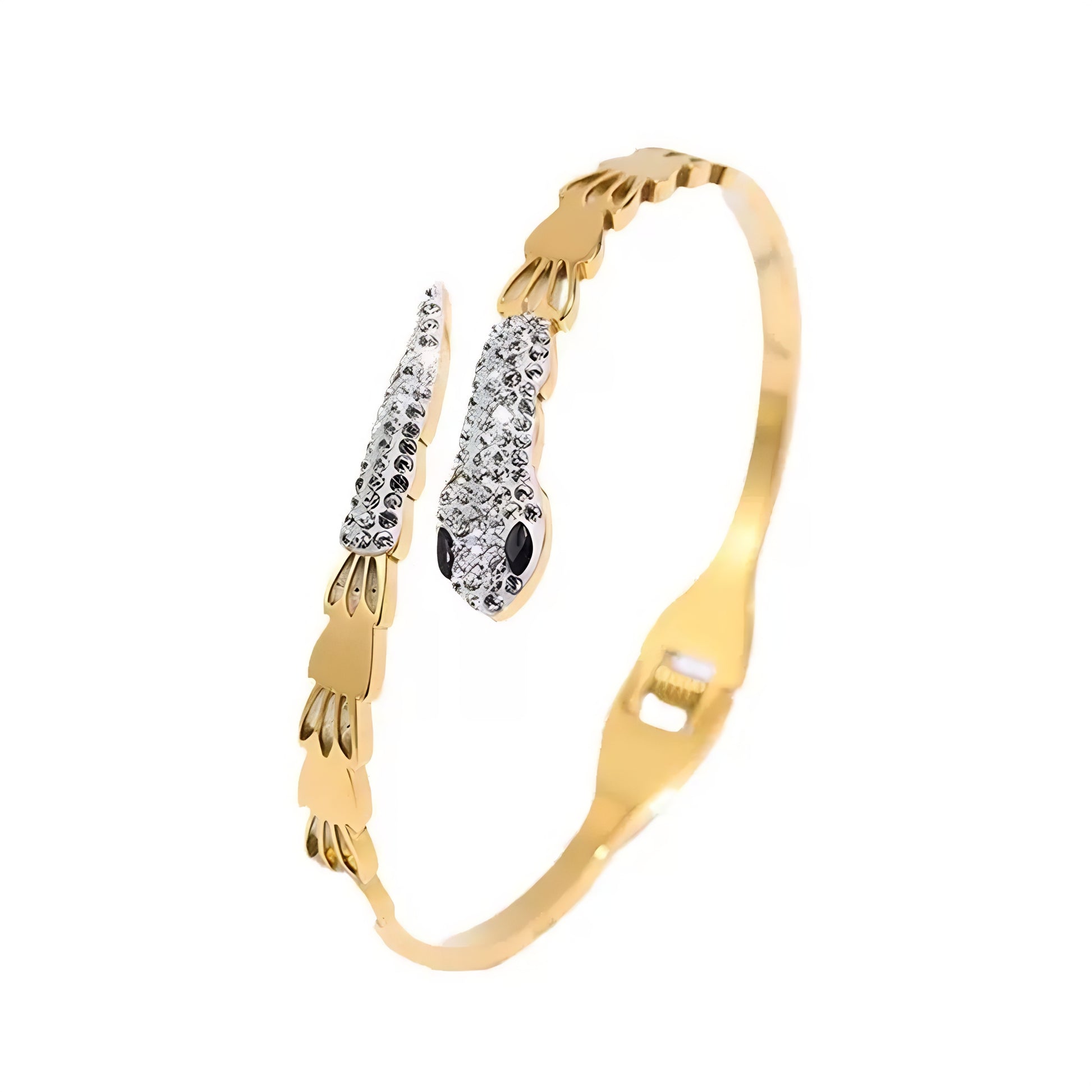 Gold bangle bracelet with a snake design, featuring clear and black crystals.