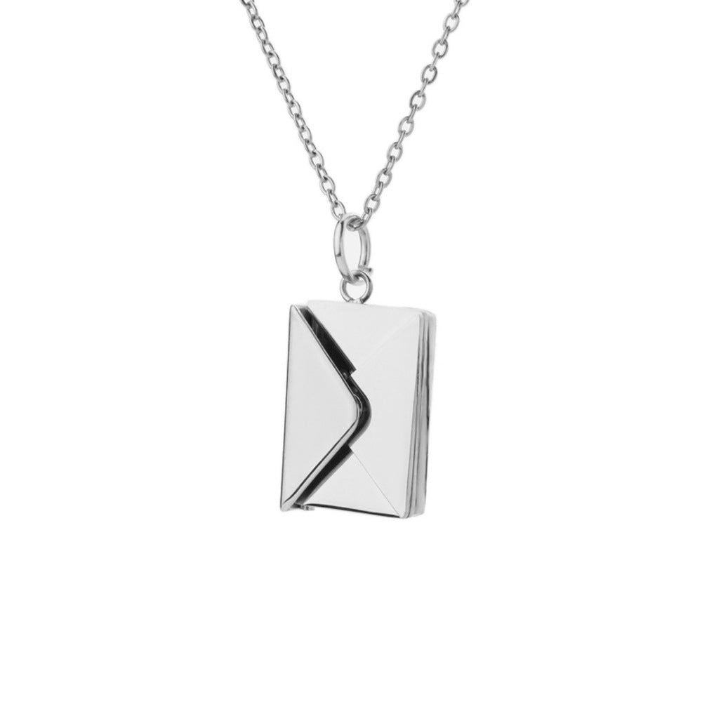 Silver necklace featuring a delicate envelope charm, elegantly designed for a stylish and modern look.