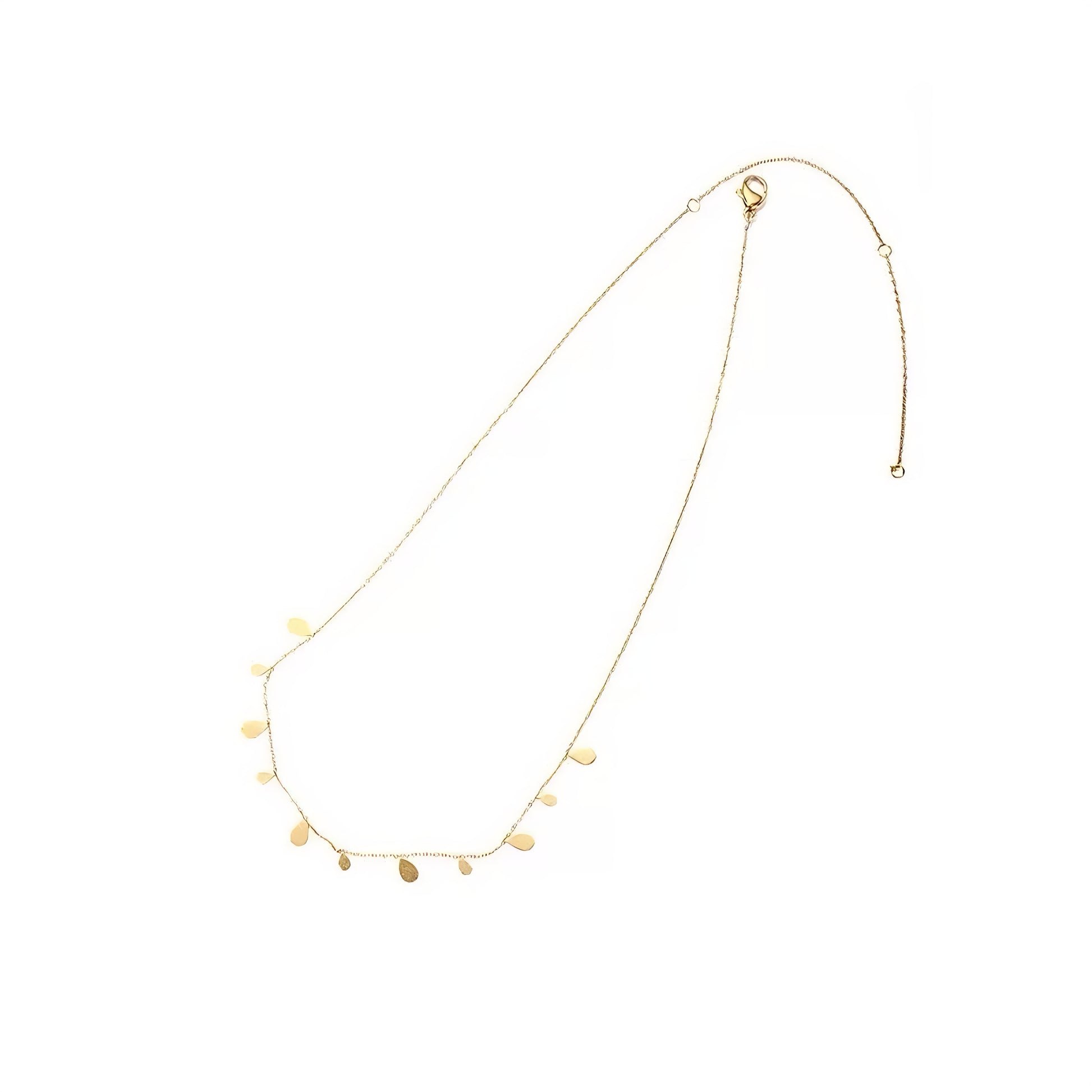Gold necklace with small, water drop-shaped charms.