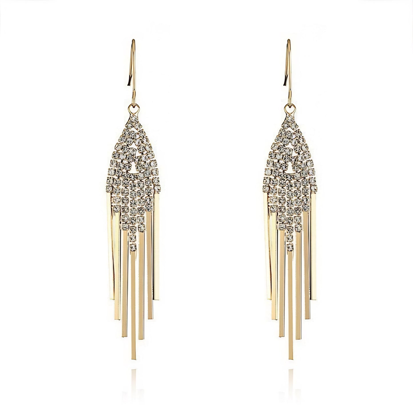 Gold-tone dangle earrings with teardrop-shaped, crystal-encrusted, cascading accents.