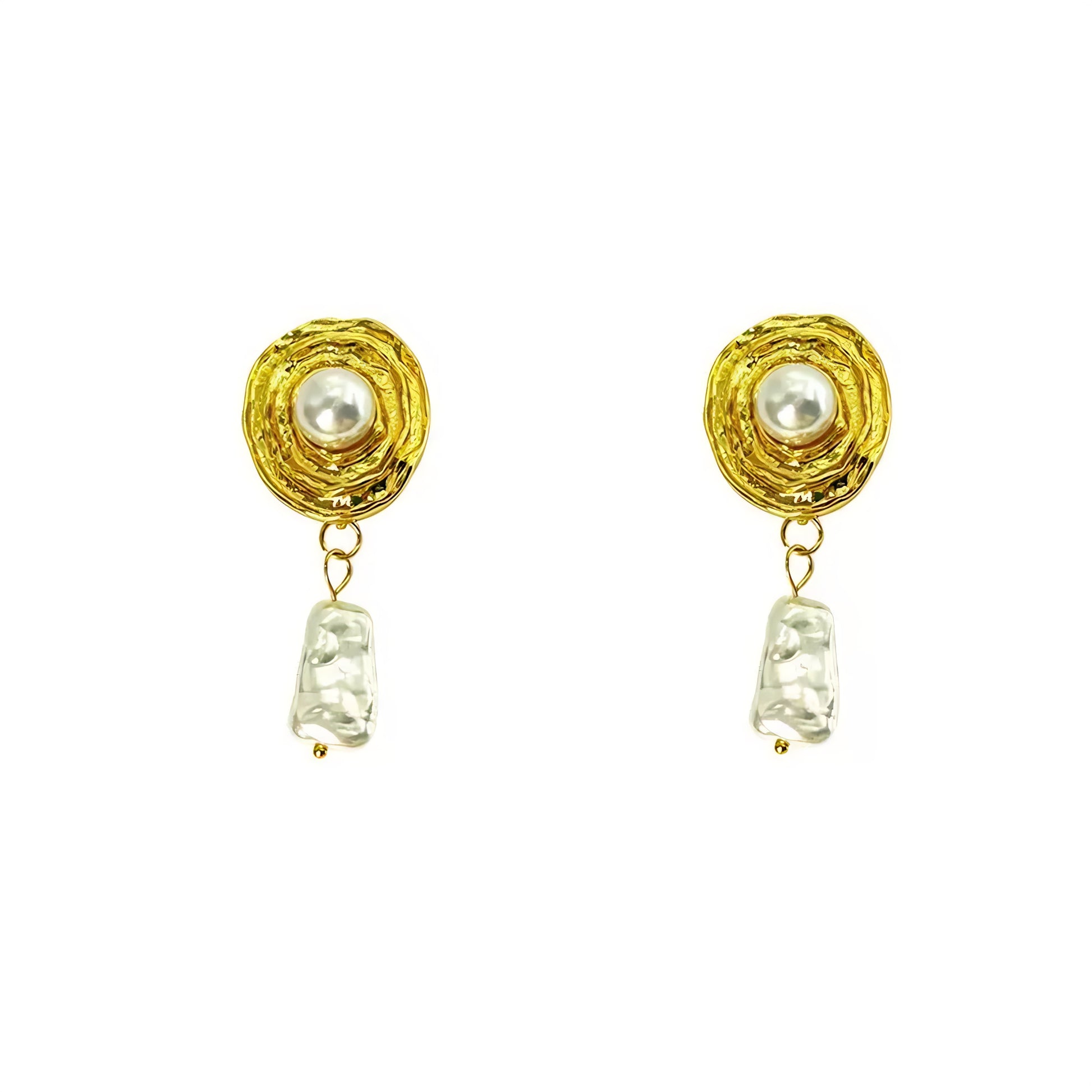 Gold-toned earrings with textured circles and dangling baroque pearls.