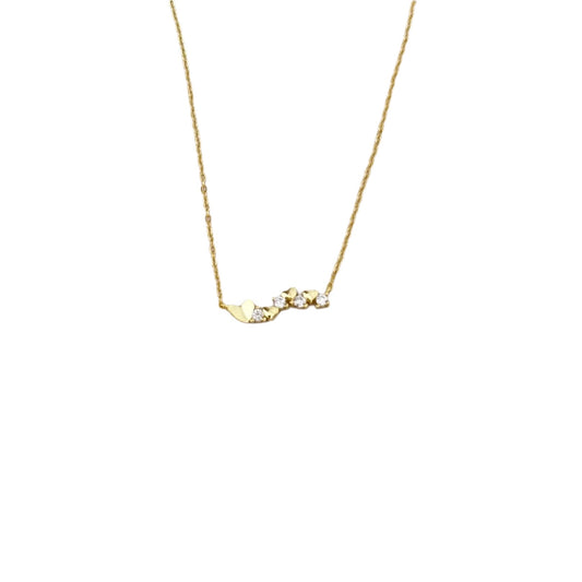 Gold necklace with small heart-shaped pendants and clear stones.