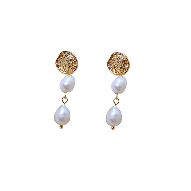 Pair of gold-toned earrings with textured discs and pearl drops.