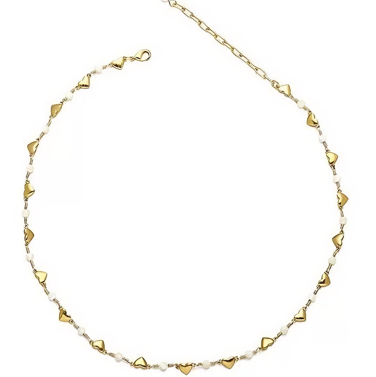 Gold chain adorned with small heart-shaped charms, elegantly showcasing a delicate and romantic design.