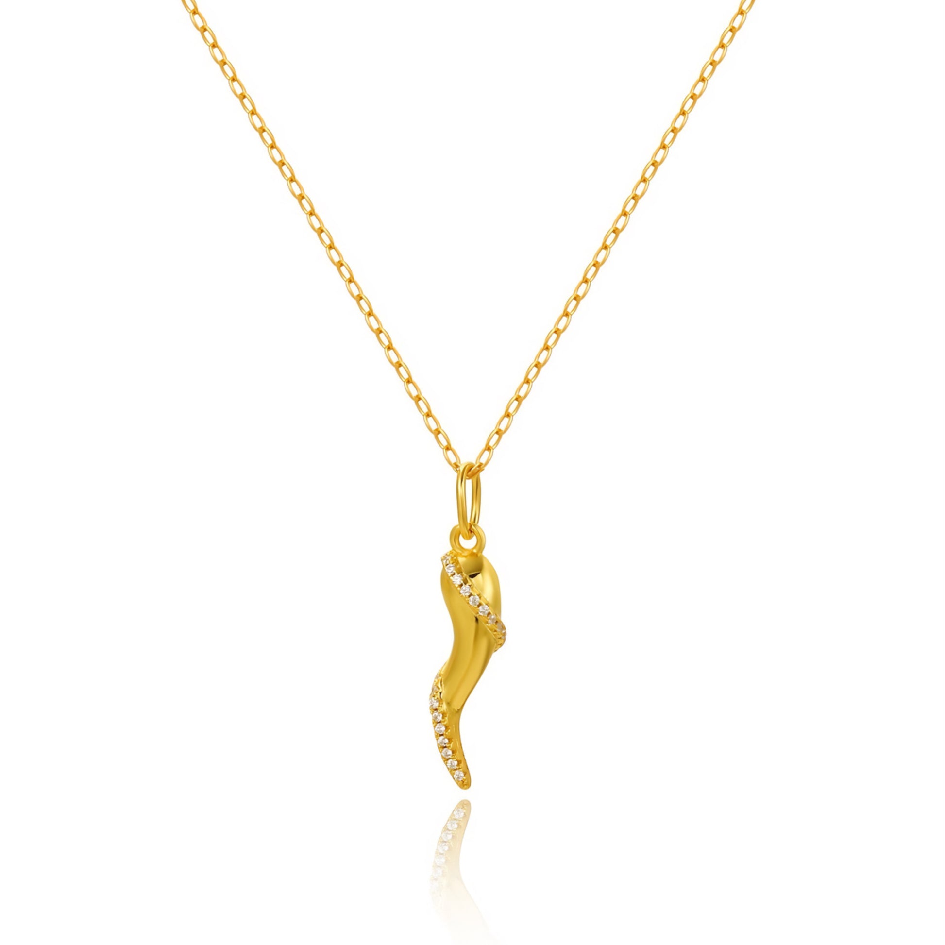Delicate silver necklace with a small, horn-shaped pendant adorned with tiny crystals.