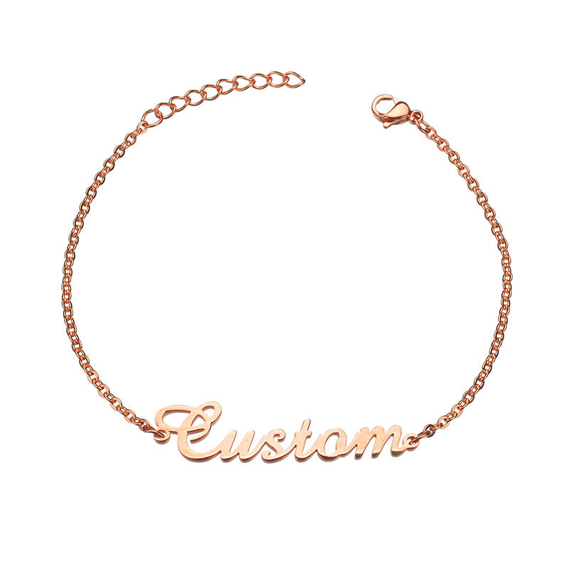 Engravale rose gold bracelet featuring a personalized name design, elegantly crafted for a stylish and unique accessory.