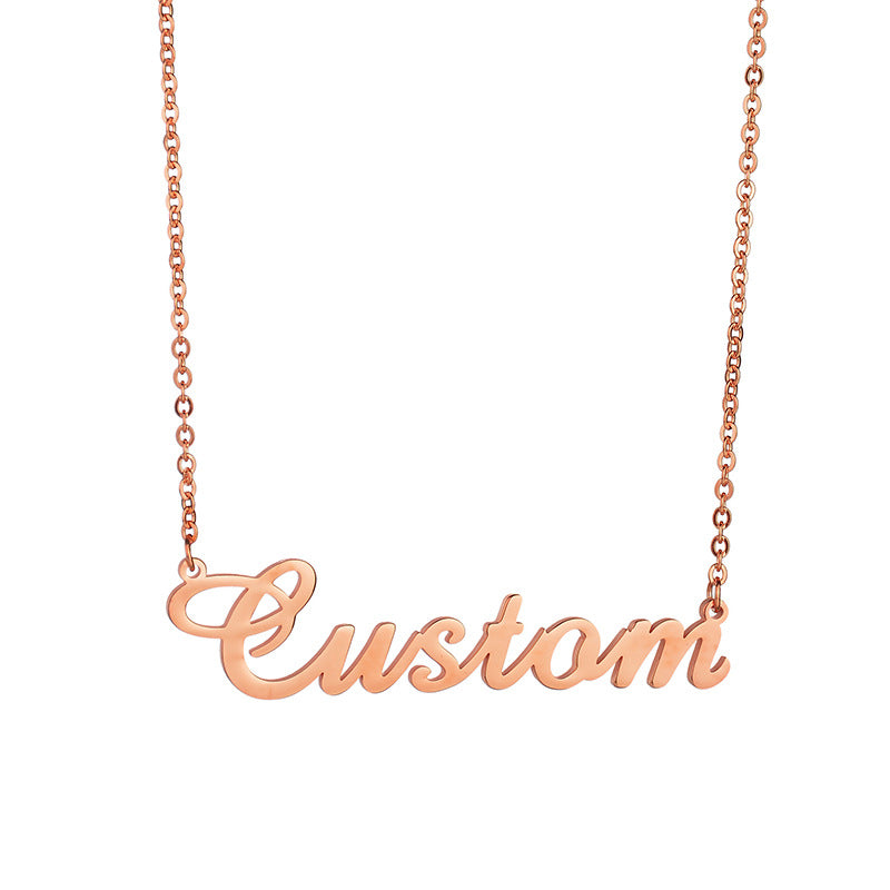 Engravable rose gold necklace featuring a personalized name design, elegantly crafted for a stylish and unique accessory.
