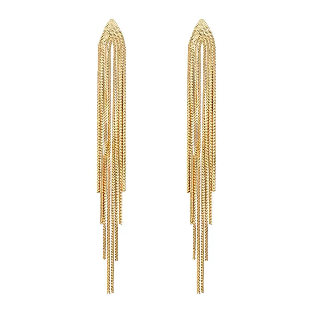 Pair of gold-tone, cascading, textured chain dangle earrings.