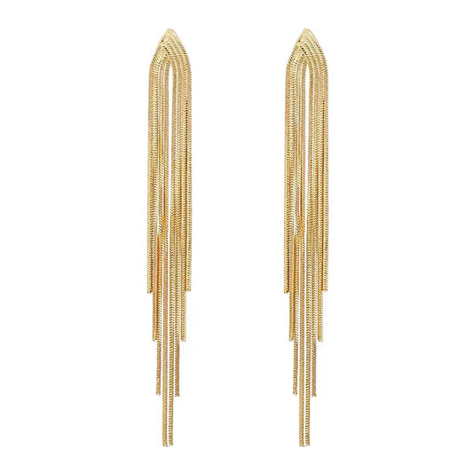 Pair of gold-tone, cascading, textured chain dangle earrings.