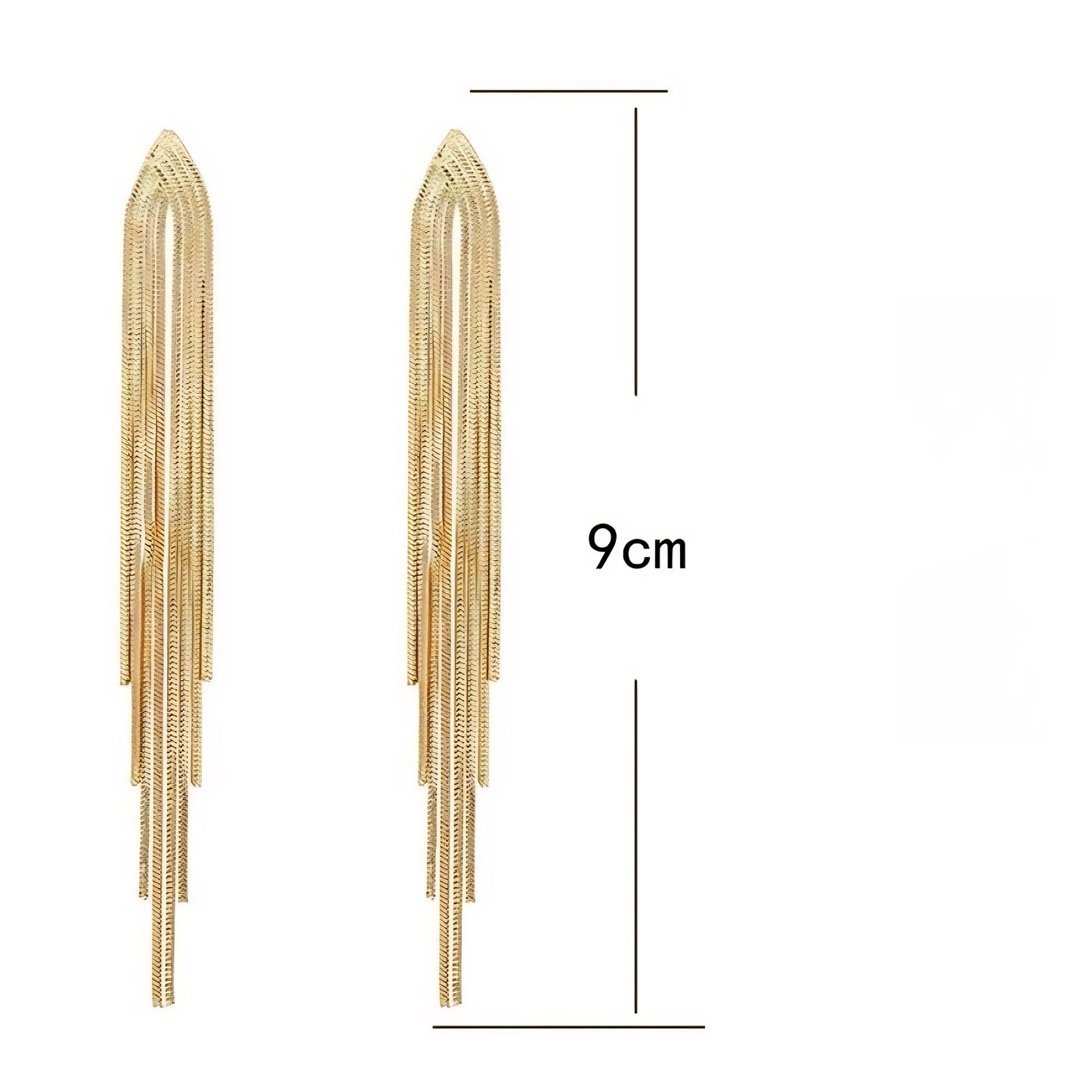 Pair of gold-tone, cascading, textured chain dangle earrings, with measurement of 9cam length.