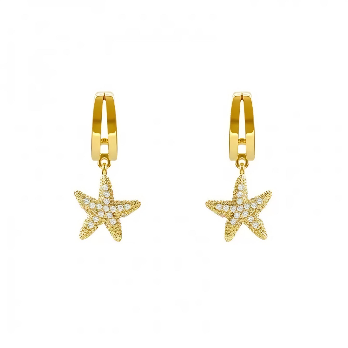 Pair of gold-tone, starfish-shaped earrings with small white crystals.