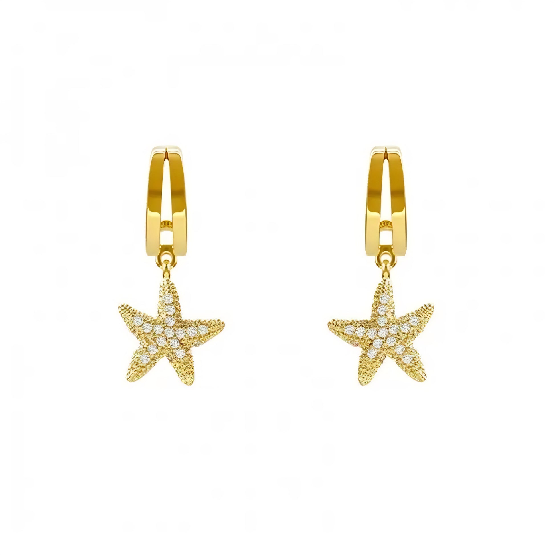 Pair of gold-tone, starfish-shaped earrings with small white crystals.