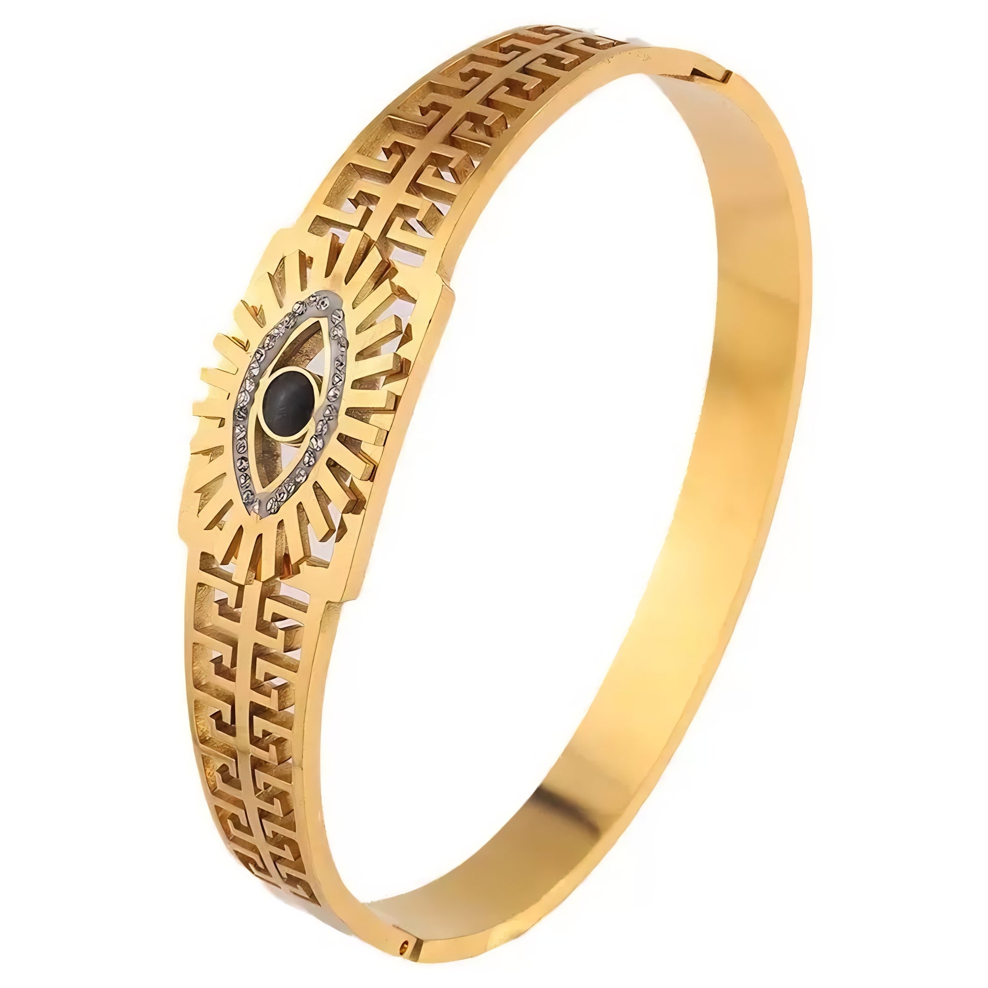 Gold bracelet with intricate Greek key details and a beautiful eye.