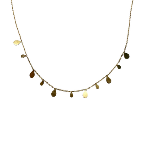 Gold necklace with water drop and disc-shaped charms.