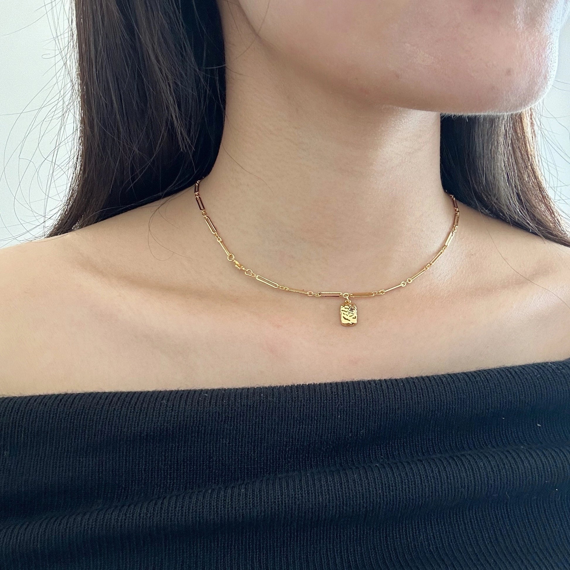 Zircon Rectangle Charm Chain Necklace - Image #0